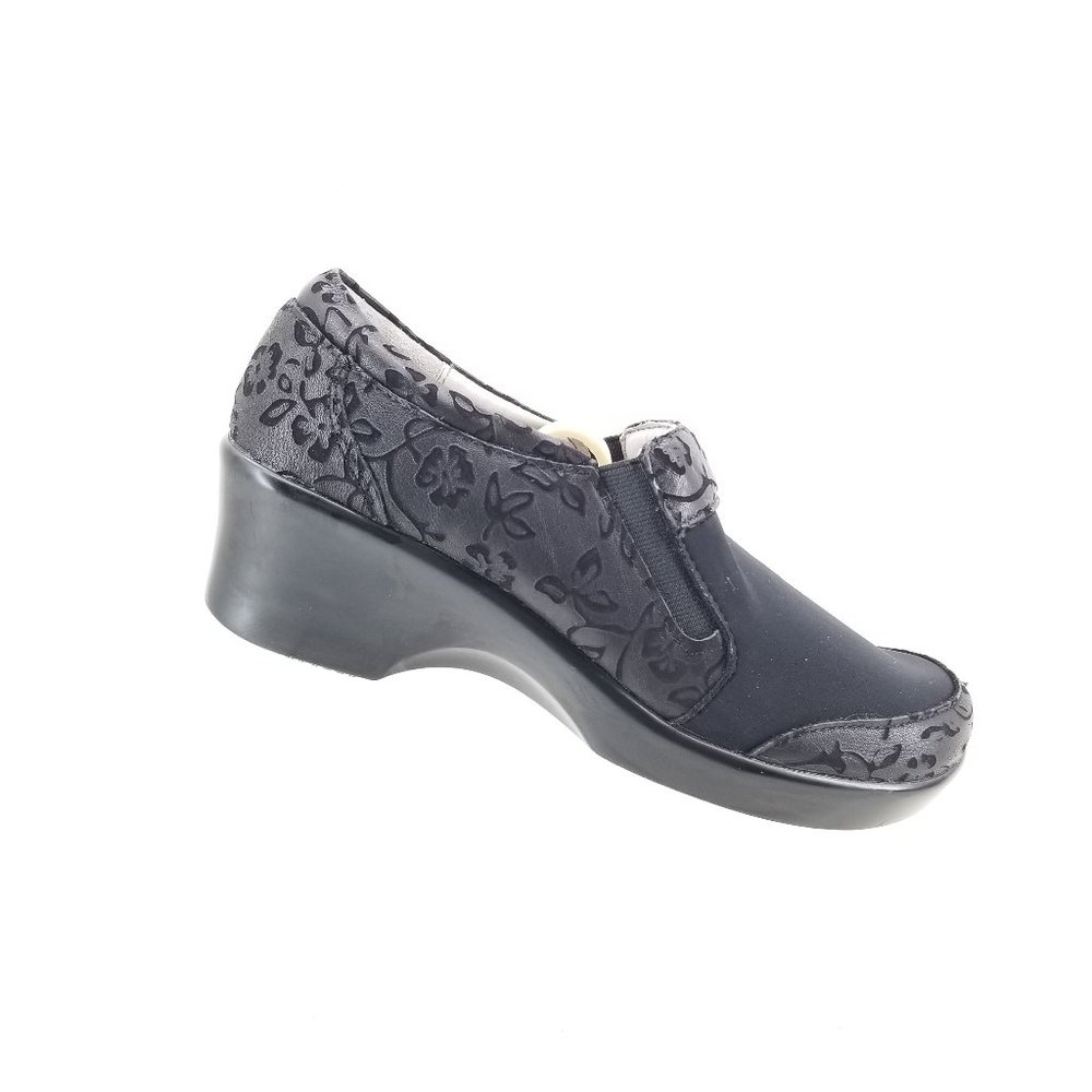 Alegria ERY-461 MORNING GLORY BLACK TOOLED LEATHER Stretch CLOGS EU 38 US Size 8